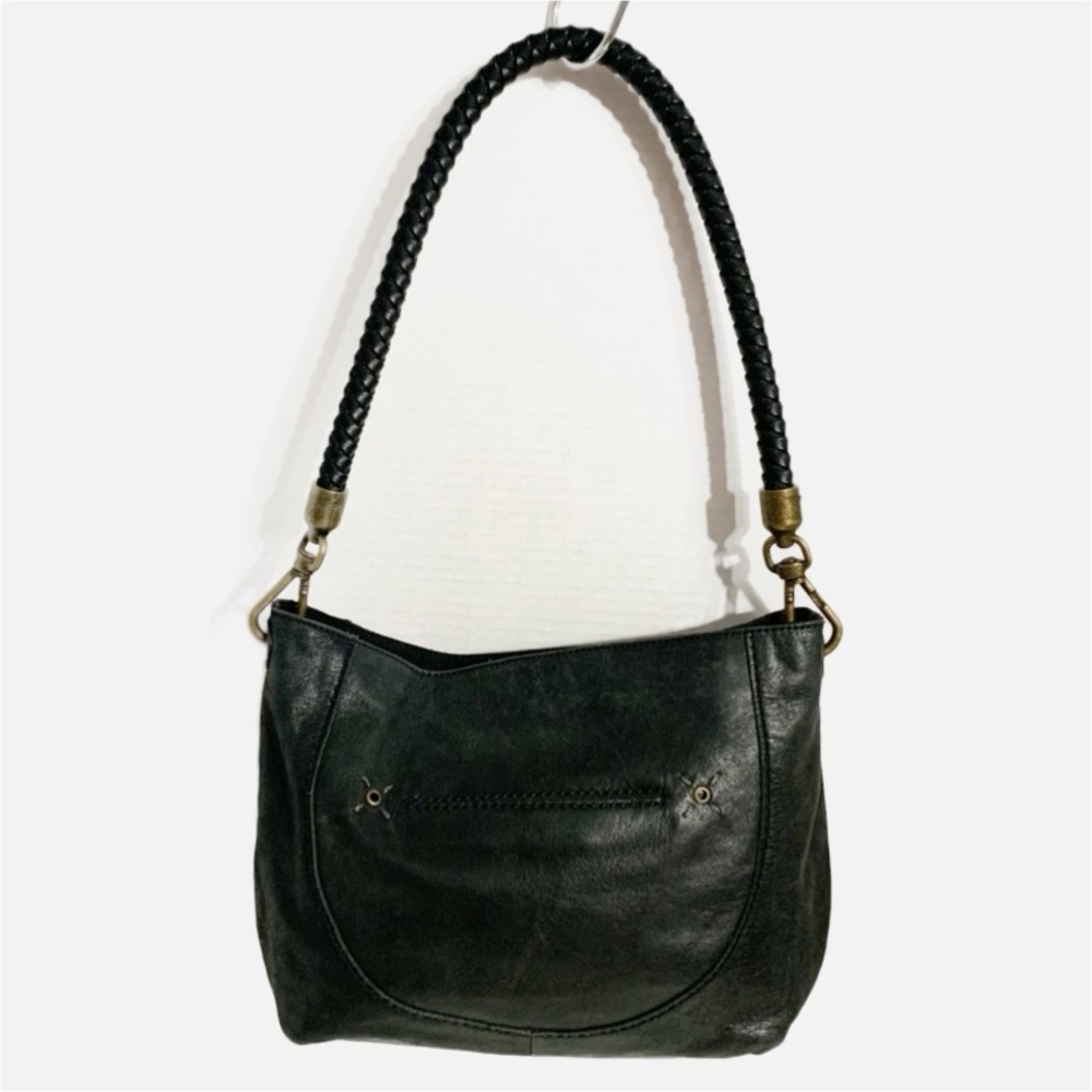 The Sak Fully Lined Black Leather Shoulder Bag Unique Twisted Strap Zip Closure